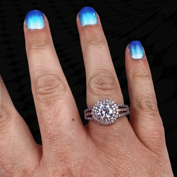 Two Tone Rose Gold Silver Double Halo Round Split Shank Pavé Engagement Ring 7 - Picture 9 of 17